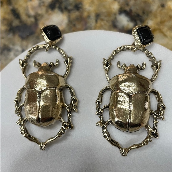 Gold Beatle Insect Earrings - Picture 11 of 14
